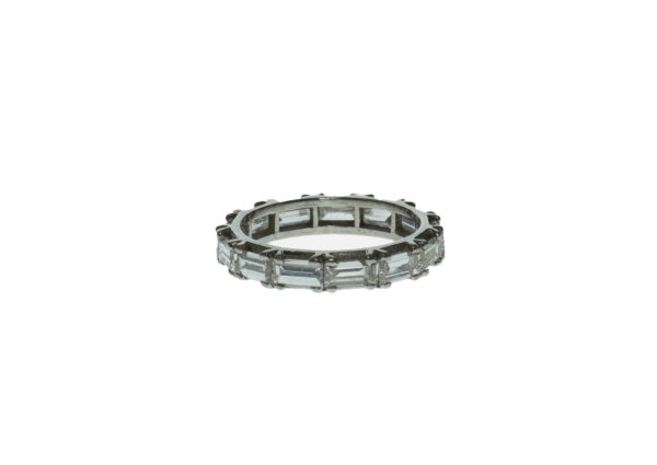 ladys platinum four prong diamond setting eternity style band with thirteen diamond baguettes weighing approximately one fourth of a carat each total estimated carat weight is three and a quarter carats