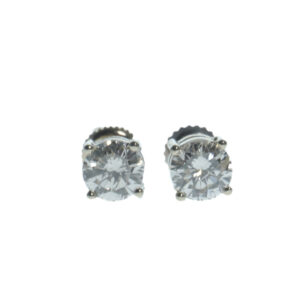 white gold fourteen karat gold four prong basket setting round brilliant diamond earrings approximately two carats total carat weight and secure screw back posts