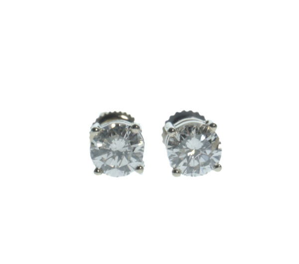 white gold fourteen karat gold four prong basket setting round brilliant diamond earrings approximately two carats total carat weight and secure screw back posts