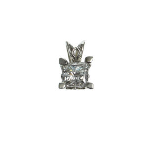 white gold fourteen karat princess cut diamond charm set in four prong tapered basket setting with fleur de lis design approximately one point zero total carat weight