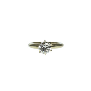 white gold fourteen karat six prong solitaire setting engagement ring with round brilliant diamond one point ten carat weight