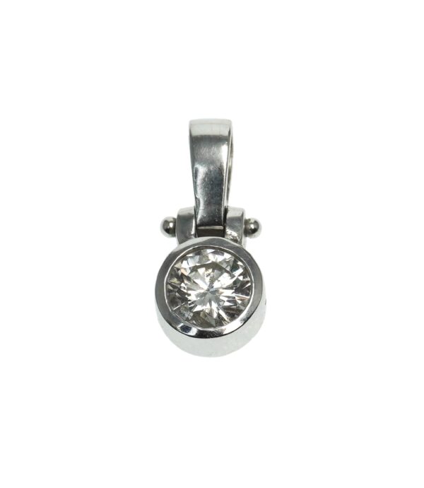 bezel style eighteen karat white gold charm with modern bail and round brilliant cut diamond weighing approximately zero point eighty five carats