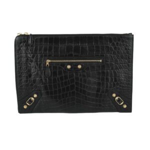 balenciaga zip around gia clutch black embossed leather fabric interior gold colored hardware great condition grade ab certificate of authenticity provided