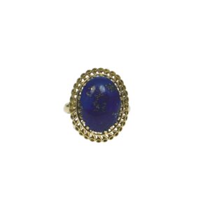 yellow gold eighteen karat ring cabochon lapis lazuli gemstone framed with bohemian style scroll design