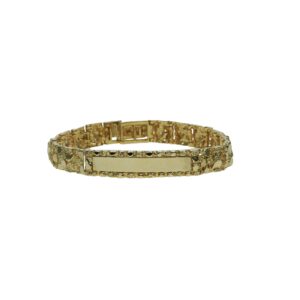 yellow gold fourteen karat nugget style identification plate design bracelet eight inches in length and flip lock clasp