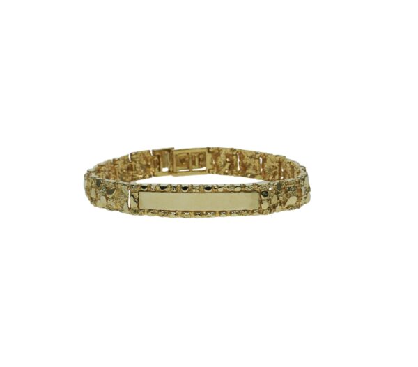 yellow gold fourteen karat nugget style identification plate design bracelet eight inches in length and flip lock clasp